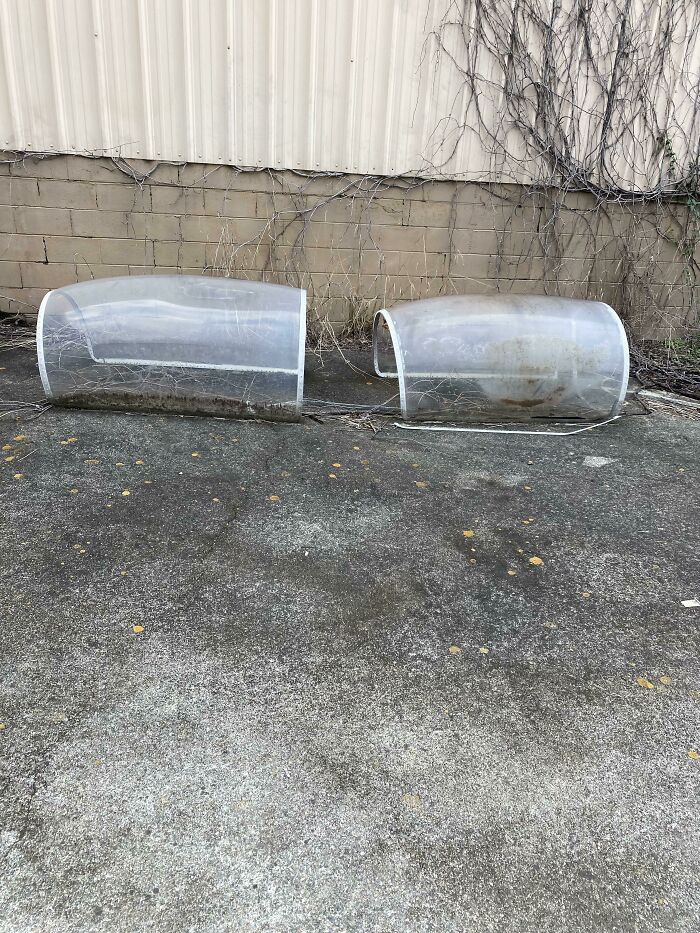 Found Behind A Metal Fabrication Factory. Feels Like Plexiglass. 6-8 Feet Long. Very Light. No Words Or Numbers On It. Studded Metal Around The Plexiglass