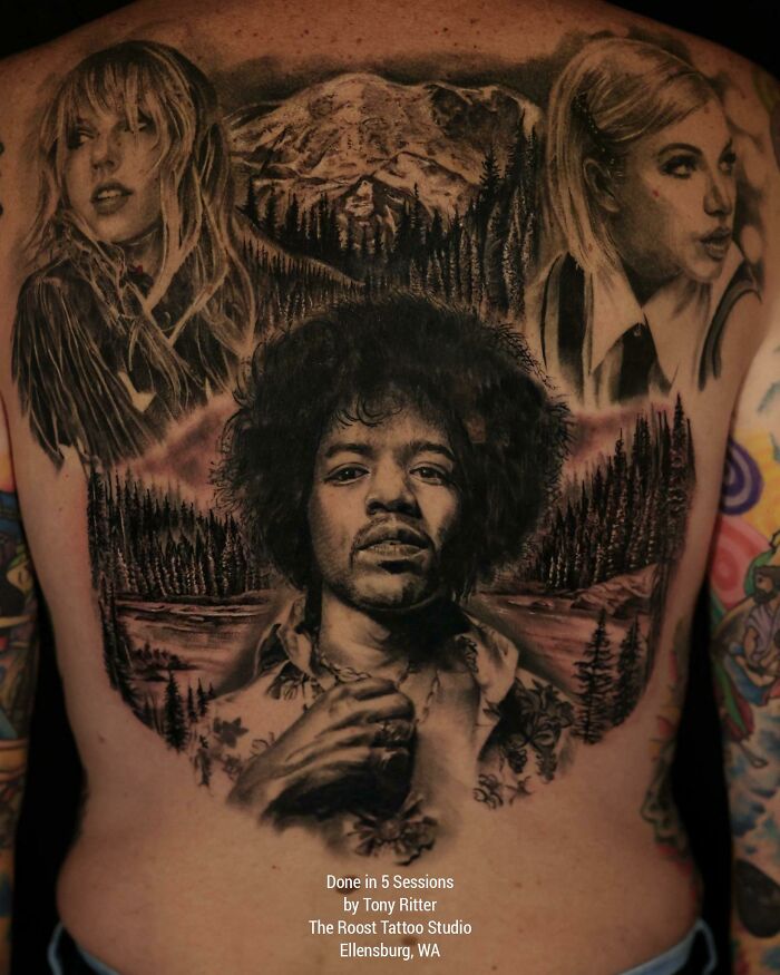 Full Back Tattoo Of The "Holy Trinity Of Music": Jimi Hendrix...taylor Swift...carly Rae Jepson