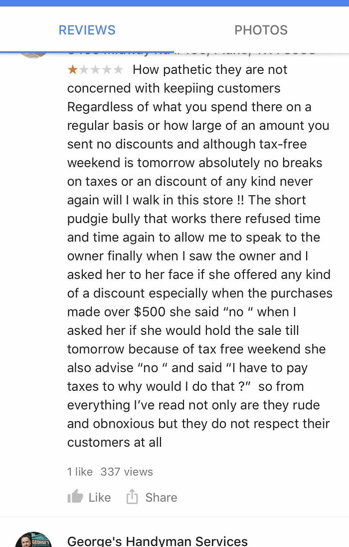 Review For Consignment Shop. They Didn’t Give Her A Tax Discount A Day Early