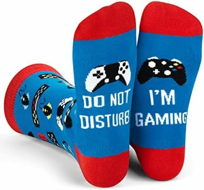 "Do Not Disturb, I'm Gaming" blue and red socks 