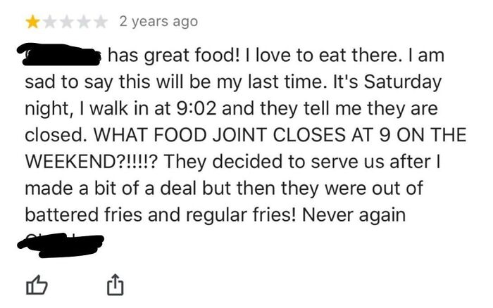Local Restaurant Stays Open Late To Serve Great Food To Customer After Hours, Has Audacity To Be Out Of Fries, Receives One-Star Review