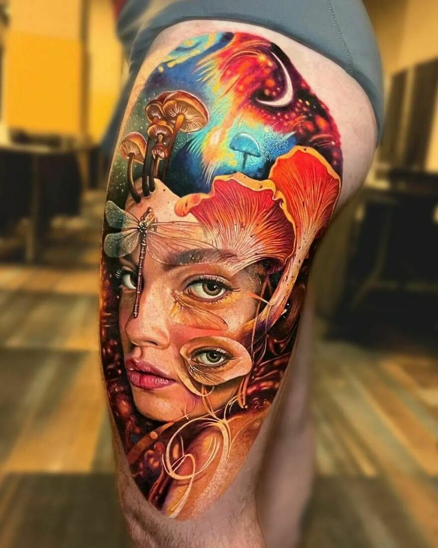 Realistic, colorful woman portrait, dragonfly and mushrooms tattoo on leg