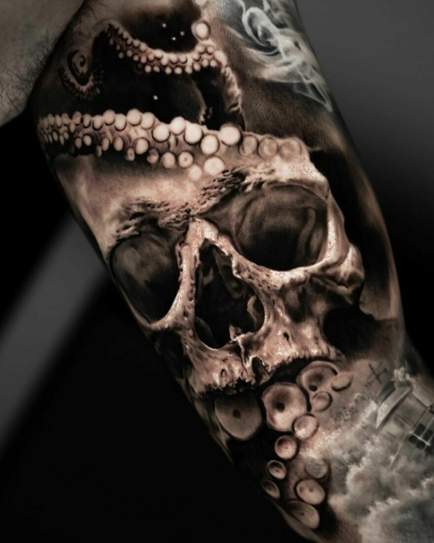 Nautical skull and octopus legs tattoo