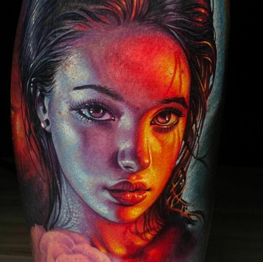 Realistic girl face tattoo showcasing stunning detail and lifelike features.