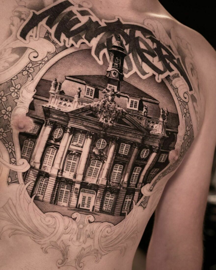 Unfinished mansion and graffiti tattoo on chest