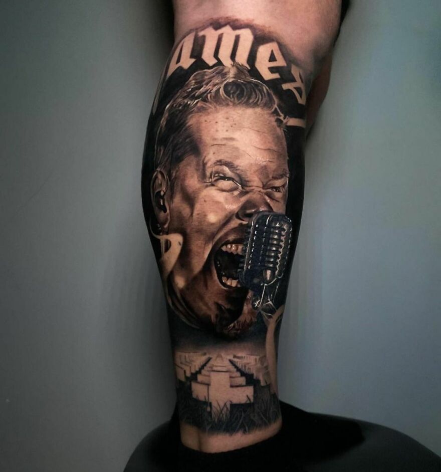 James Hetfield singing into vintage mic portrait tattoo