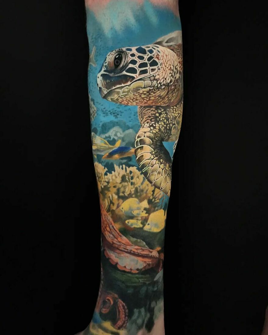 Colorful underwater turtle tattoo, showcasing super realistic detailing.