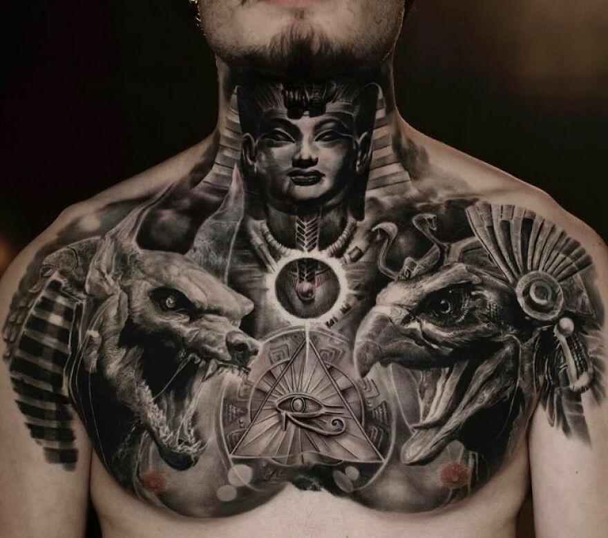Egyptian theme large chest tattoo