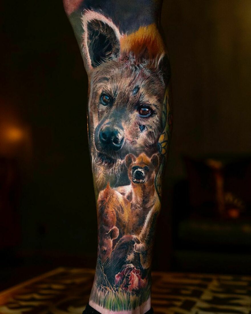 Hyenas theme leg tattoo