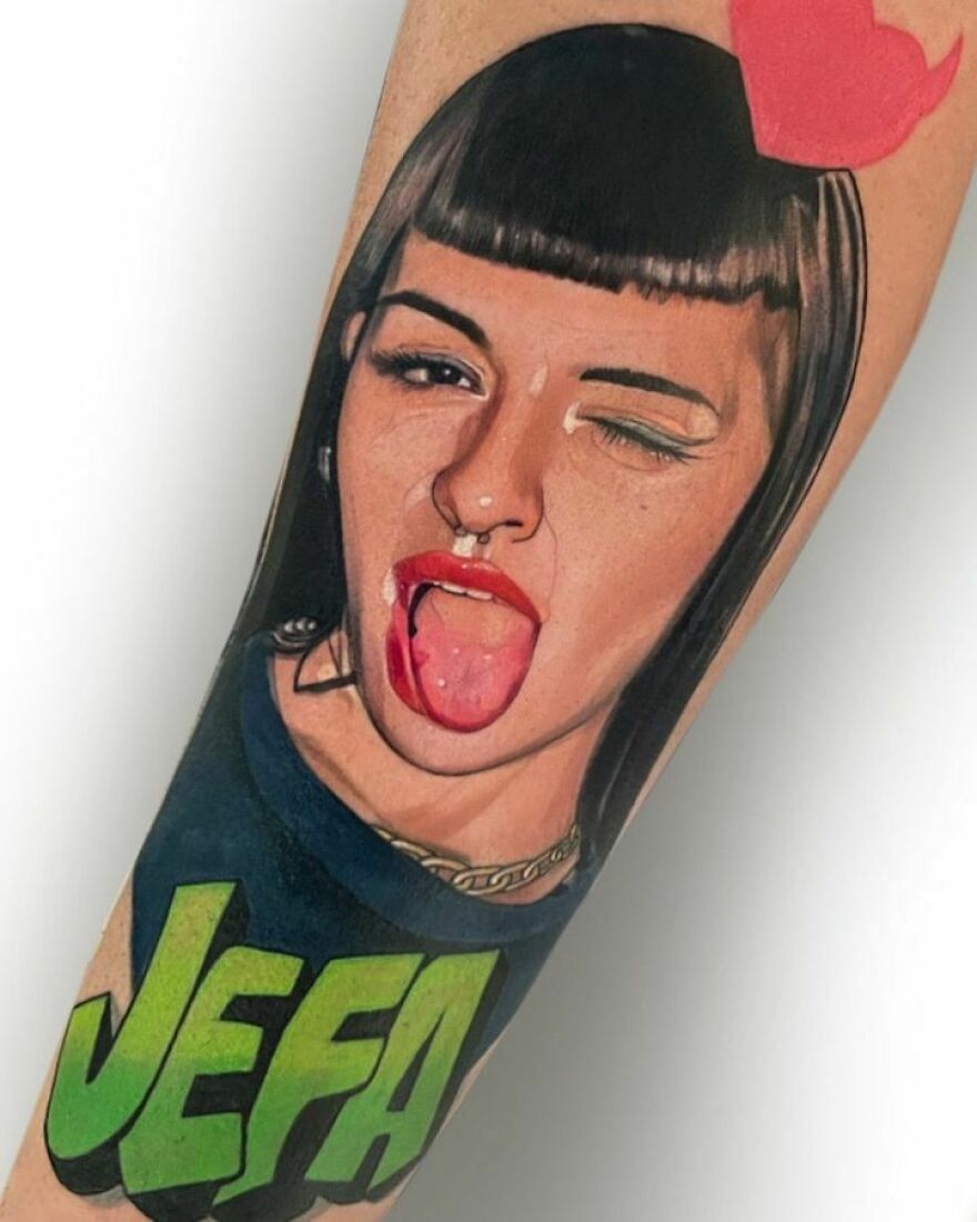 Cheeky woman's portrait tattoo