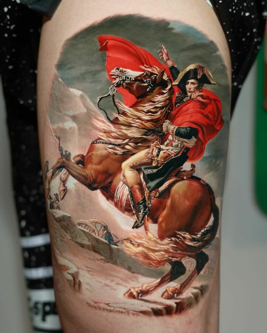 Realistic Napoleon on horse Crossing The Alps tattoo