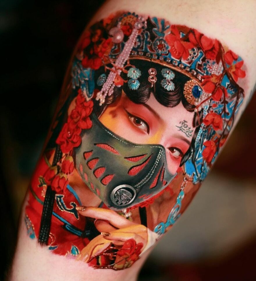 Realistic colorful Ganster Opera girl tattoo