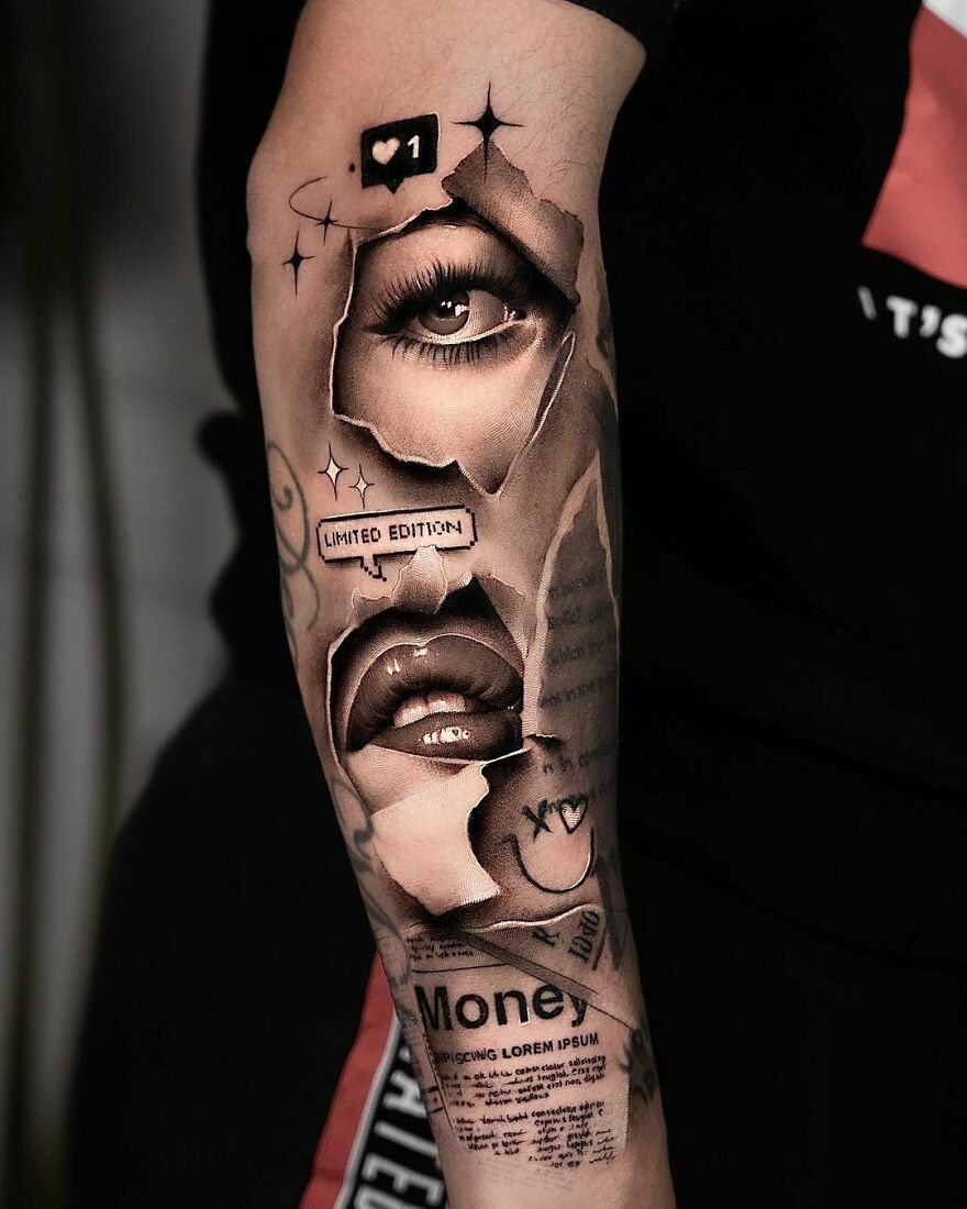 Realistic tattoo of a ripped collage with eyes and lips on an arm, showcasing detailed artistry.