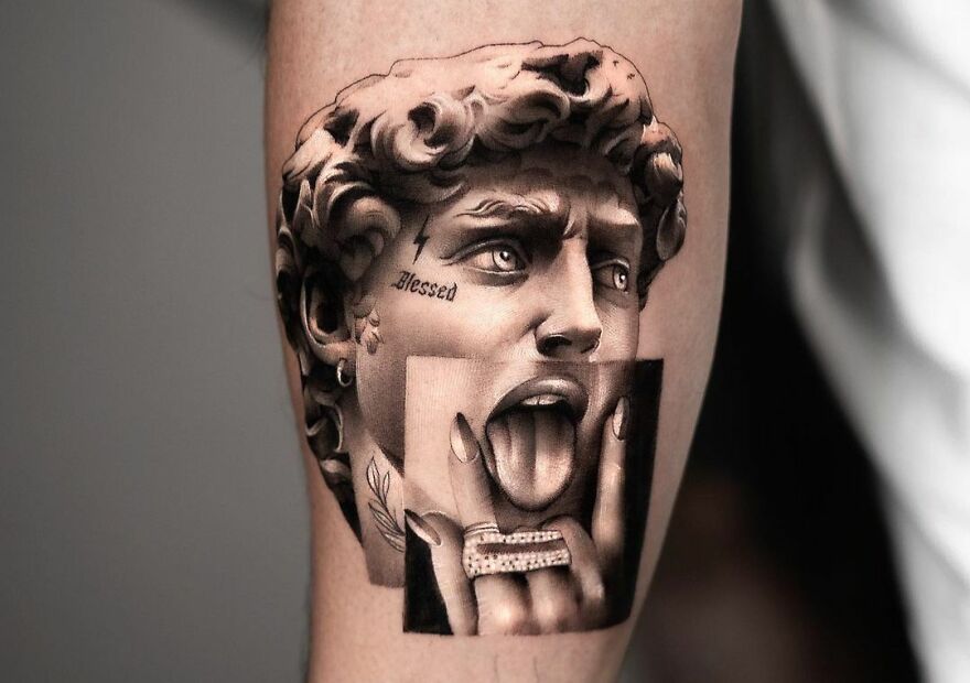 Realistic statue's face and rock fingers collage like tattoo on arm