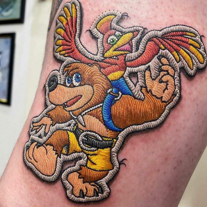 Banjo Tooie cartoon and realistic patchwork tattoo