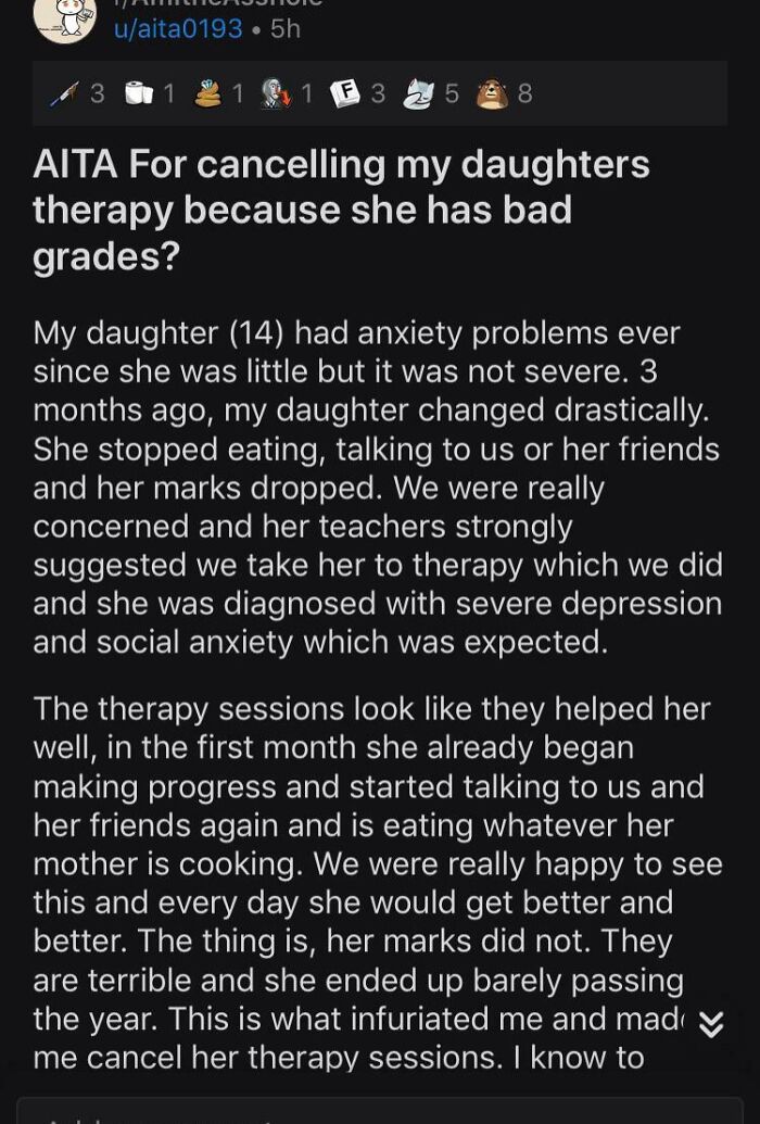 Denying Daughter Therapy Because Of Grades. Like As If Mental Health Didn’t Affect Grades In The First Place?