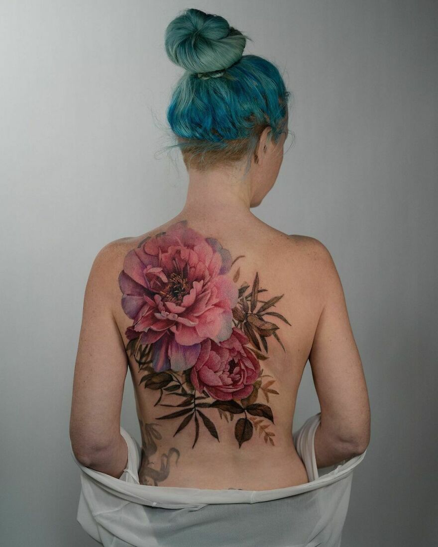 Large pink two peonies tattoo on back