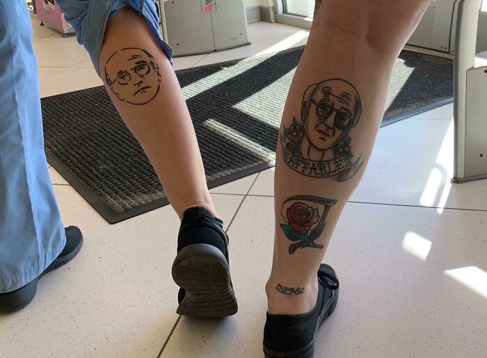 Met A Woman Today Who Also Has A Tattoo Of Larry David On Her Calf