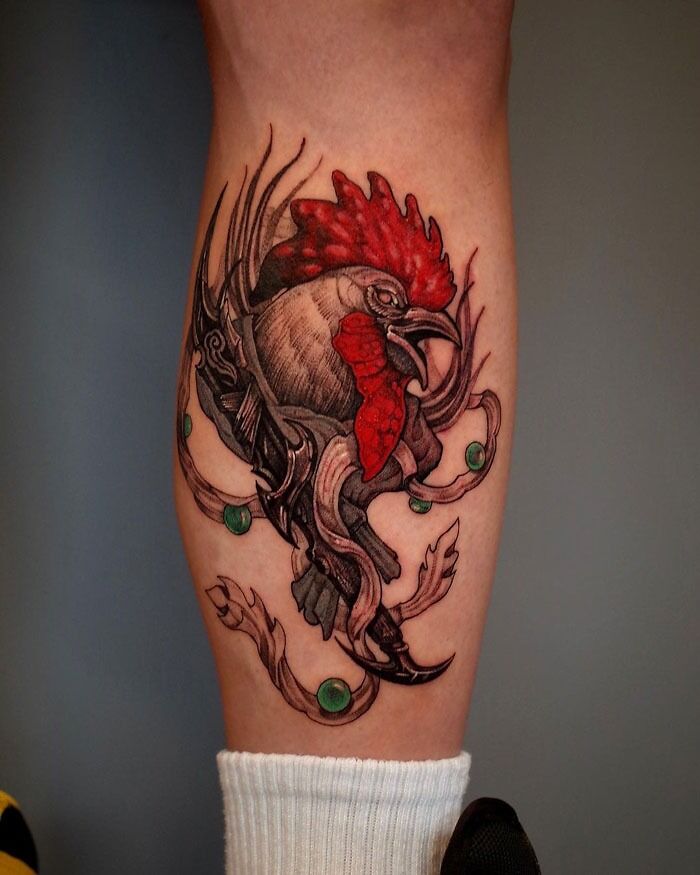 Rooster calf tattoo