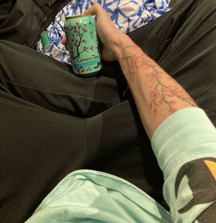 Grabbed A Can Of Arizona Green Tea At My Friends House And Noticed My Tattoo And Shirt Match The Can