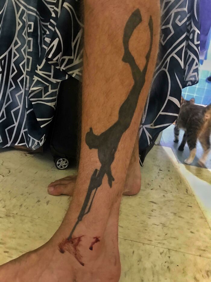 The Position Of A Cut On My Ankle Makes It Look Like My Spearfishing Tattoo Shot Me