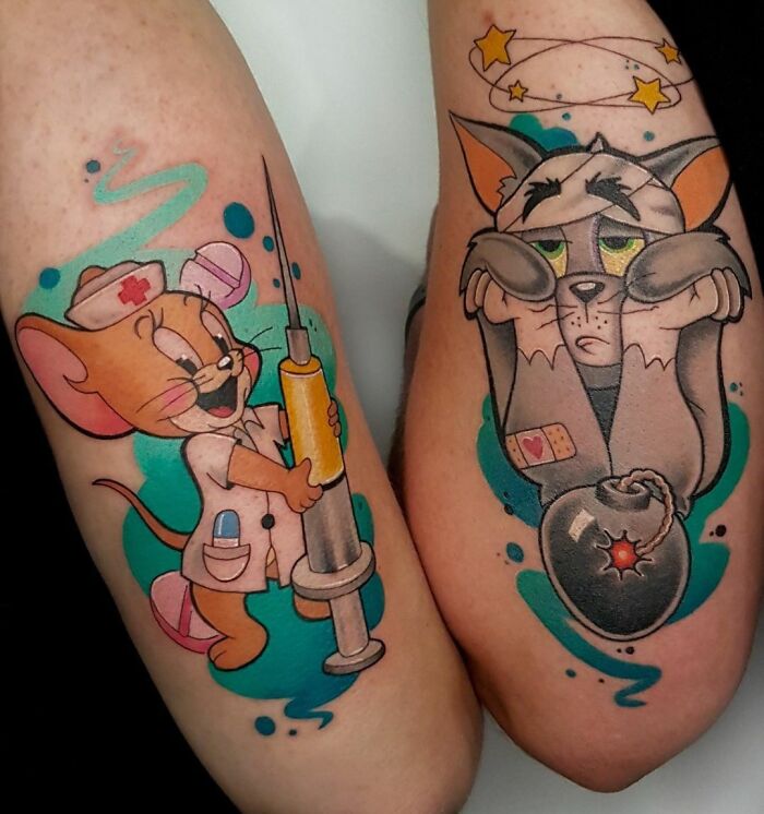 Who Likes Each Other. Couples Tattoos Don't Have To Be Small! Tom On The Right Healed, Jerry Fresh
