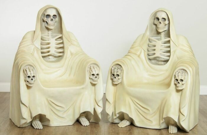 Grim Reaper Seated Skeleton Pair Gothic Throne Chairs
