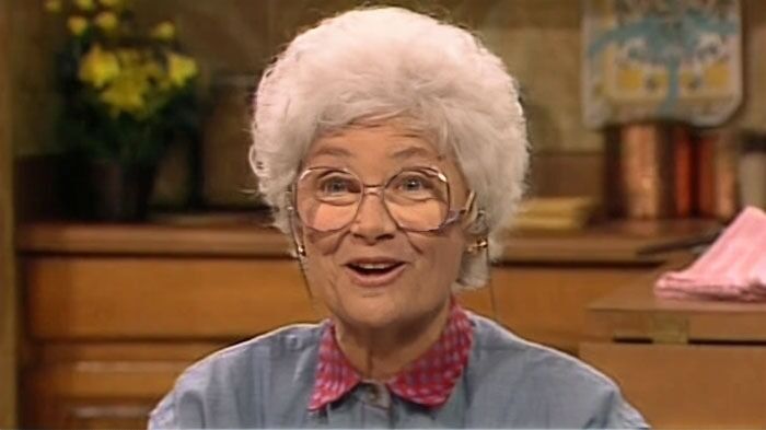 Sophia from Golden Girls wearing glasses and talking
