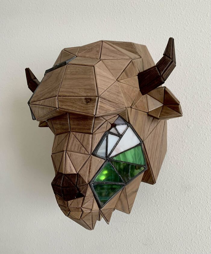 Walnut Bison Head With A Splash Of Stained Glass!