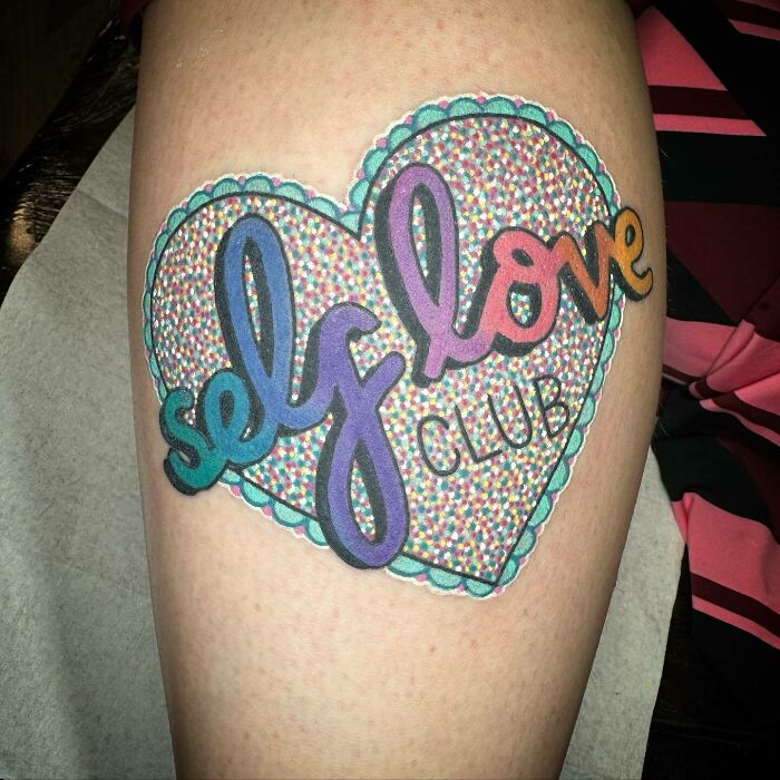 Colorful self love club quote in heart shape tattoo