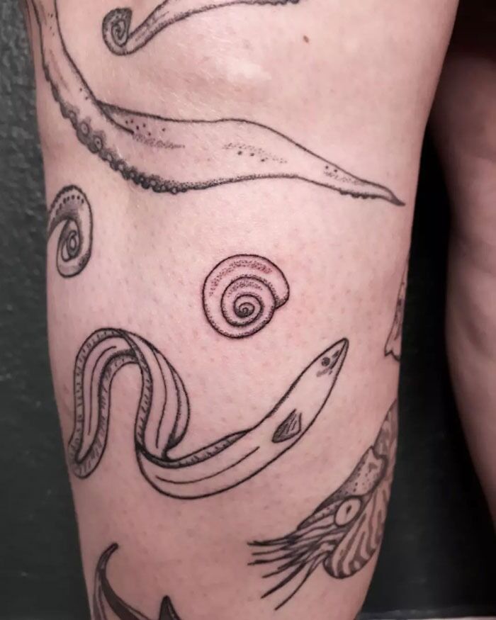 Simple and realistic animal tattoo featuring a nautilus and eel design.
