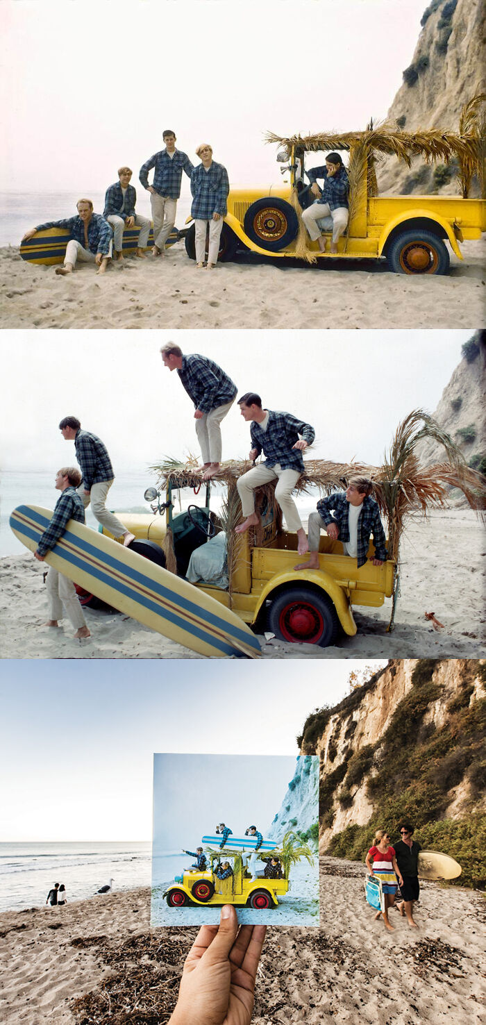Restored Images From The Beach Boys' Photoshoot For Their Debut 1962 Album Surfin' Safari, And The Location In Malibu Today