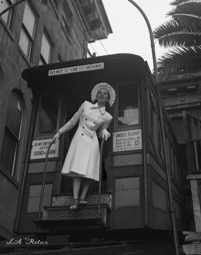 Elizabeth Taylor, At 15, Riding Angels Flight Railway In 1947 While On A Photoshoot For Junior Bazaar Magazine