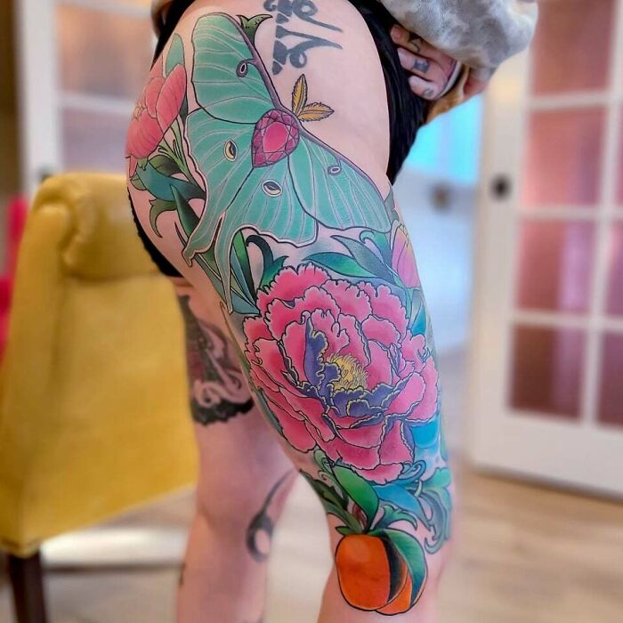Colorful peony flower tattoo