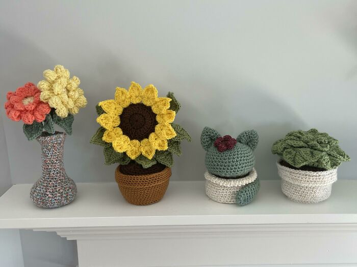 Made Some Crochet Plants And Flowers For My Sister’s Garden Themed Baby Shower! I Think The “Cat-Cactus” Is My Favorite So Far 🐱🌻🍃