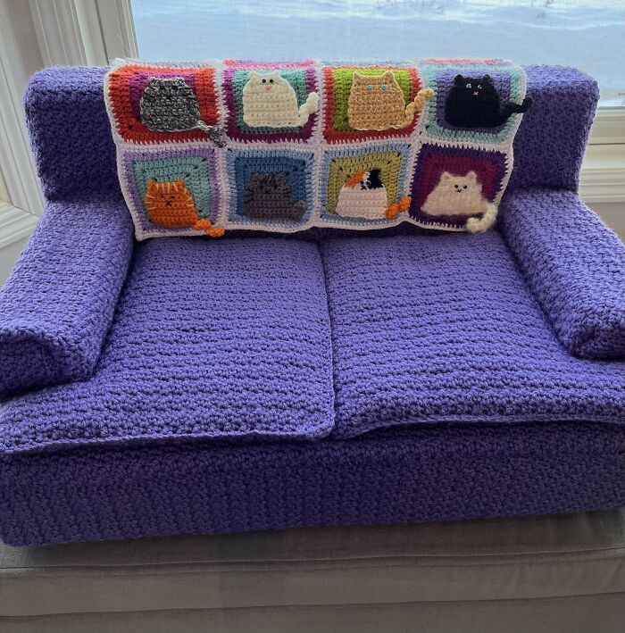I Made Another Cat Couch Using “The Many Cats Square” Pattern For The Afghan