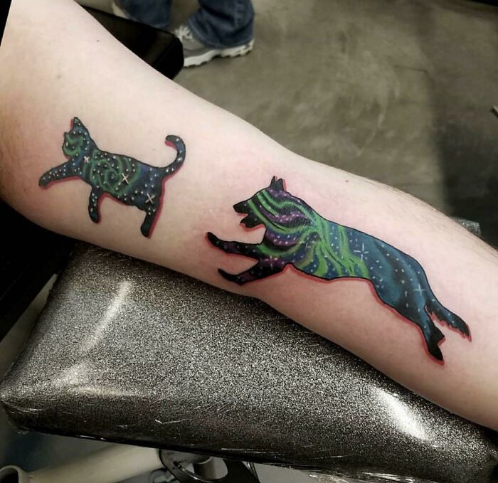 Space Dog Chasing Space Cat Work Done By Pain Sadler Of Hardkore Ink Salem, Ohio