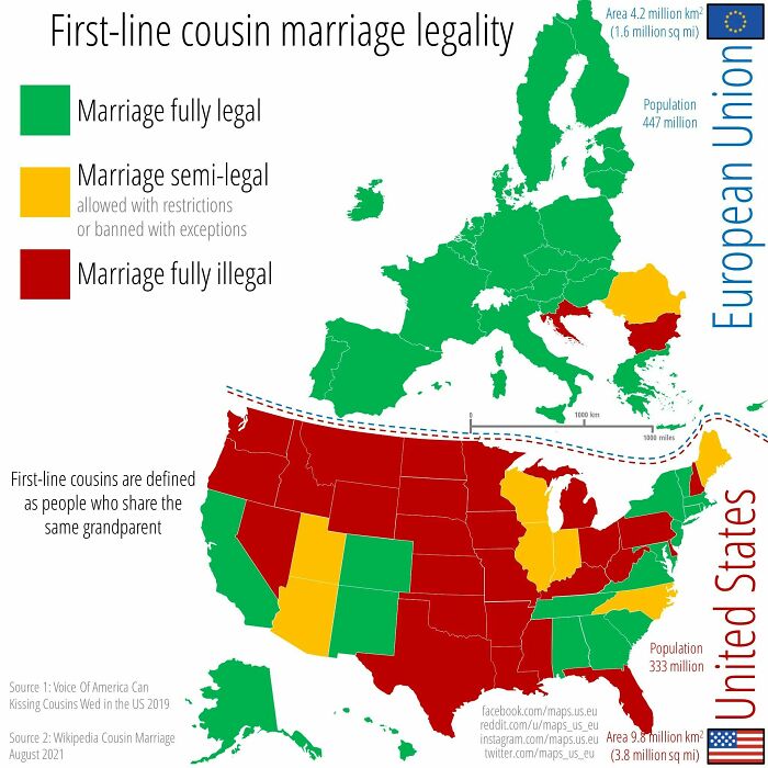 First-Line Cousin Marriage Legality Across The Us And The Eu. First-Line Cousins Are Defined As People Who Share The Same Grandparent. 2019-2021 Data