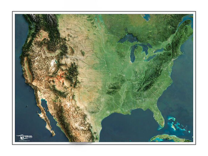 A Shaded Relief Map Of Contiguous USA Rendered From 3D Data And Satellite Imagery