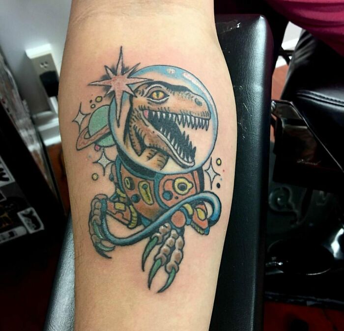 Space Velociraptor Done By Jamison Eckert At Seppeku Tattoo In Bloomingdale, New Jersey