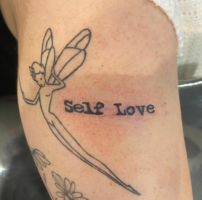 Fairy with self love words knee tattoo
