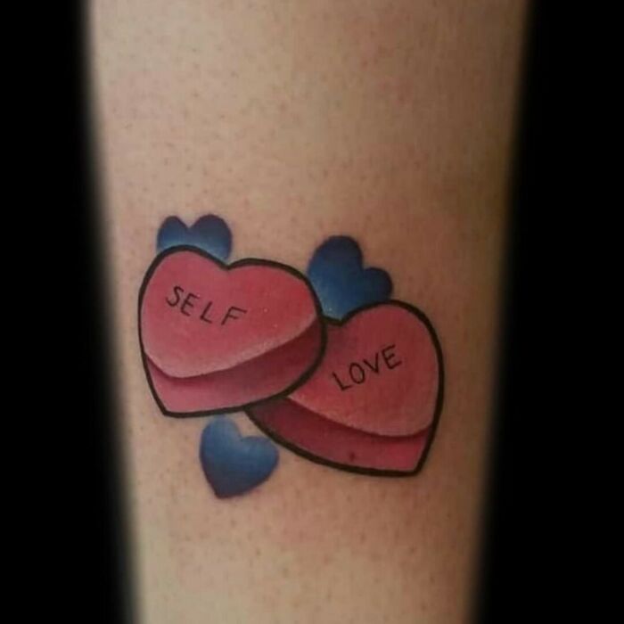 Hearts with "Self Love" words tattoo 