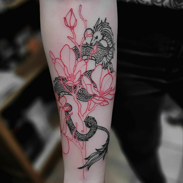 Flowers And Dragon Tattoo 