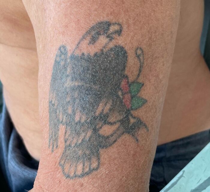 Faded aged tattoo of an eagle with flowers, showing how much tattoos change after years.