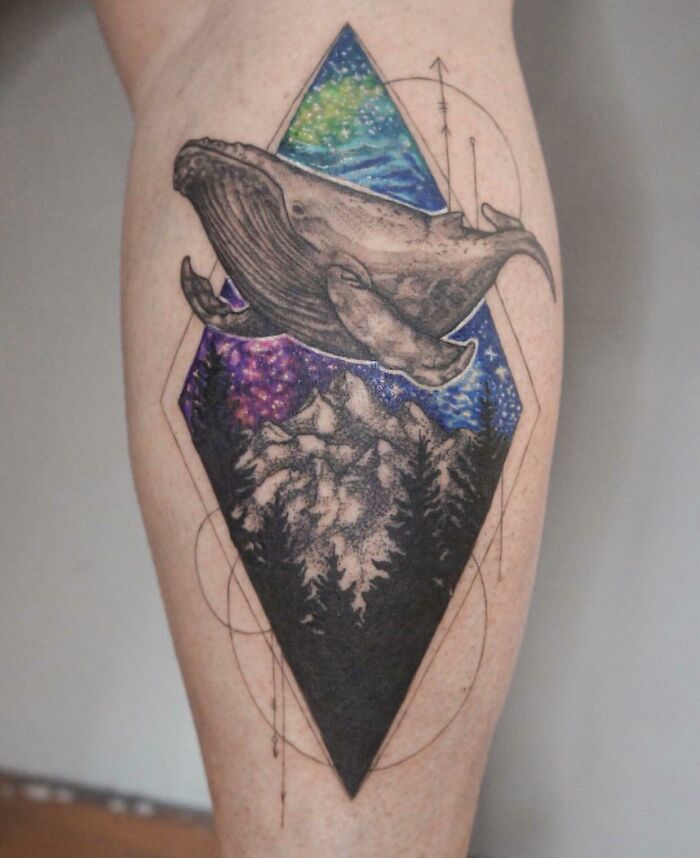 Space whale leg tattoo