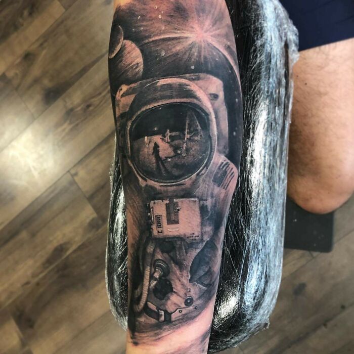 Space Walk, Part Of A Incoming Full Sleeve, Done By Trevor Kope At Momentum Tattoo, Tampa FL
