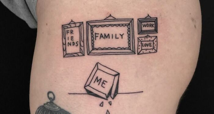 Self-love tattoo with frames labeled "Family," "Friends," "Work," "Love," and a falling box labeled "Me."