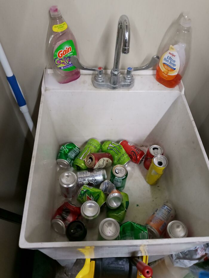 It's Great That My Coworker Loves To Recycle, But Not When He Goes On Vacation And Leaves The Sink Like This