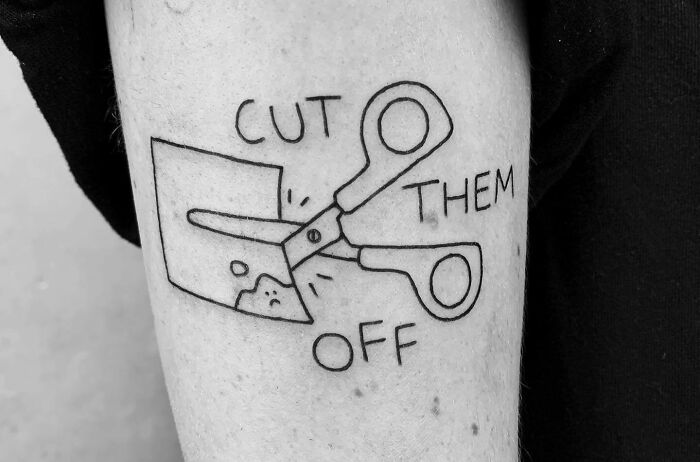 Self-love tattoo with scissors cutting negativity, with text "Cut Them Off."
