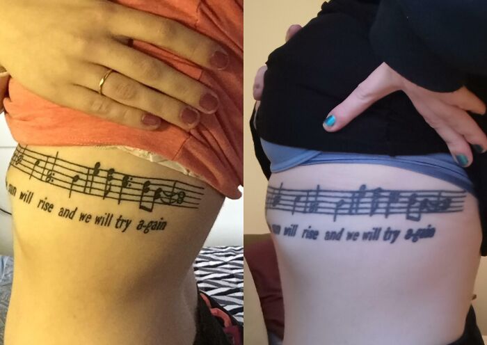 Aged tattoos showing faded musical notes and text on skin over time.